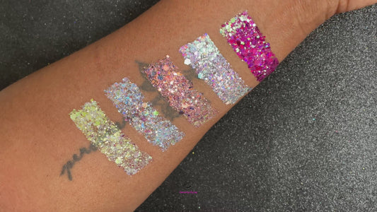 The Dreamland stacker is comprised of dazzling glitters from the super chunky collection. These glitters are perfect for an eye catching look for a night out on the town. The glitters in this set are as follows: Galaxy Illusion She's Perfect Looking Glass Masquerade  The Dreamland stacker can be used for your face, body, hair and nails. Available in 5g jars only.