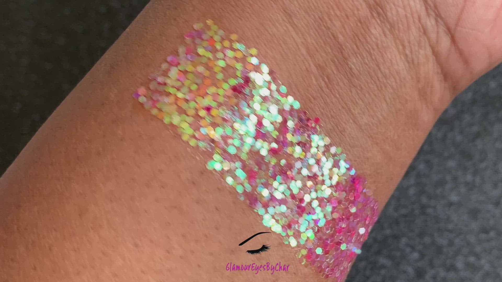 This glitter is called Cotton Candy and is part of the simple glitter collection.  It consists of pink glitter with an iridescent sparkle. Flake size is larger than fine and extra fine glitter. Cotton Candy can be used for your face, body, hair and nails.  Comes in 5g jars only.