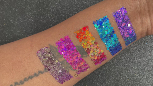 The Party Girl stacker is comprised of chameleon glitters from the super chunky collection. These glitters are perfect for an eye catching look for a night out on the town. The glitters in this set are as follows: Daydream Fantasy Mardi Gras Deep Sea Hypnotic   The Party Girl stacker can be used for your face, body, hair and nails. Available in 5g jars only.