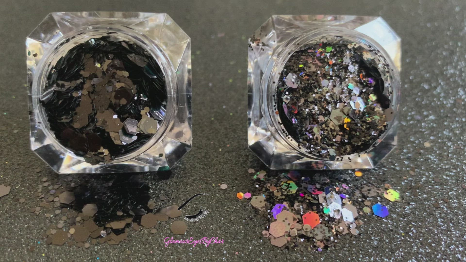 This glitter is called Black Out and is part of the super chunky glitter collection.  It consists of solid jet black glitter. If you'd like a little more sparkle, it also comes in black holographic glitter. Black Out can be used for your face, body, hair and nails.  Comes in 5g jars only.