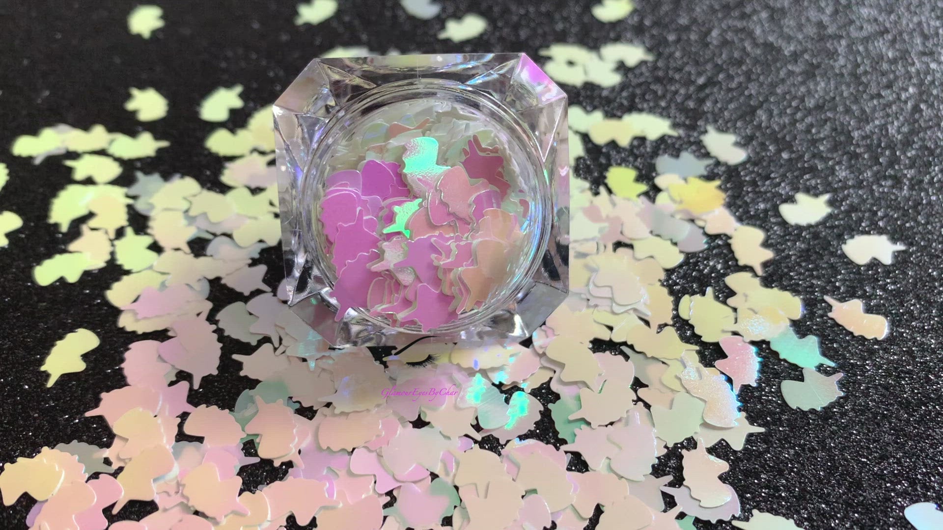 This glitter is called Iridescent Unicorns and is part of the shaped glitters collection. It consists of white iridescent 6.0mm unicorns. Iridescent Unicorns is perfect for body and nail art or DIY projects. Comes in 5g jars only.