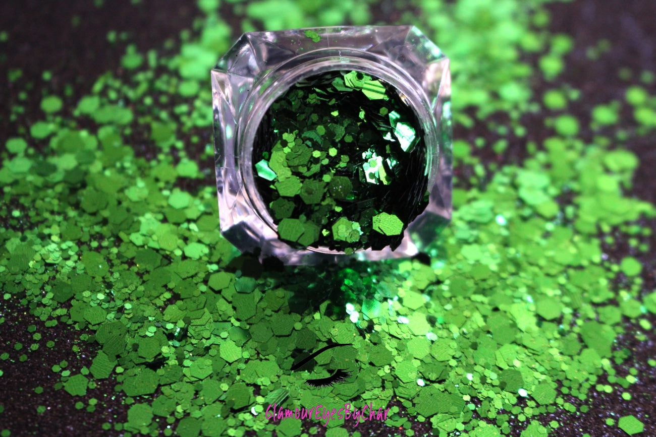 This glitter is called Envy and is part of the super chunky glitter collection.  It consists of emerald green glitter with a beautiful sparkle. Envy can be used for your face, body, hair and nails.  Comes in 5g jars only.