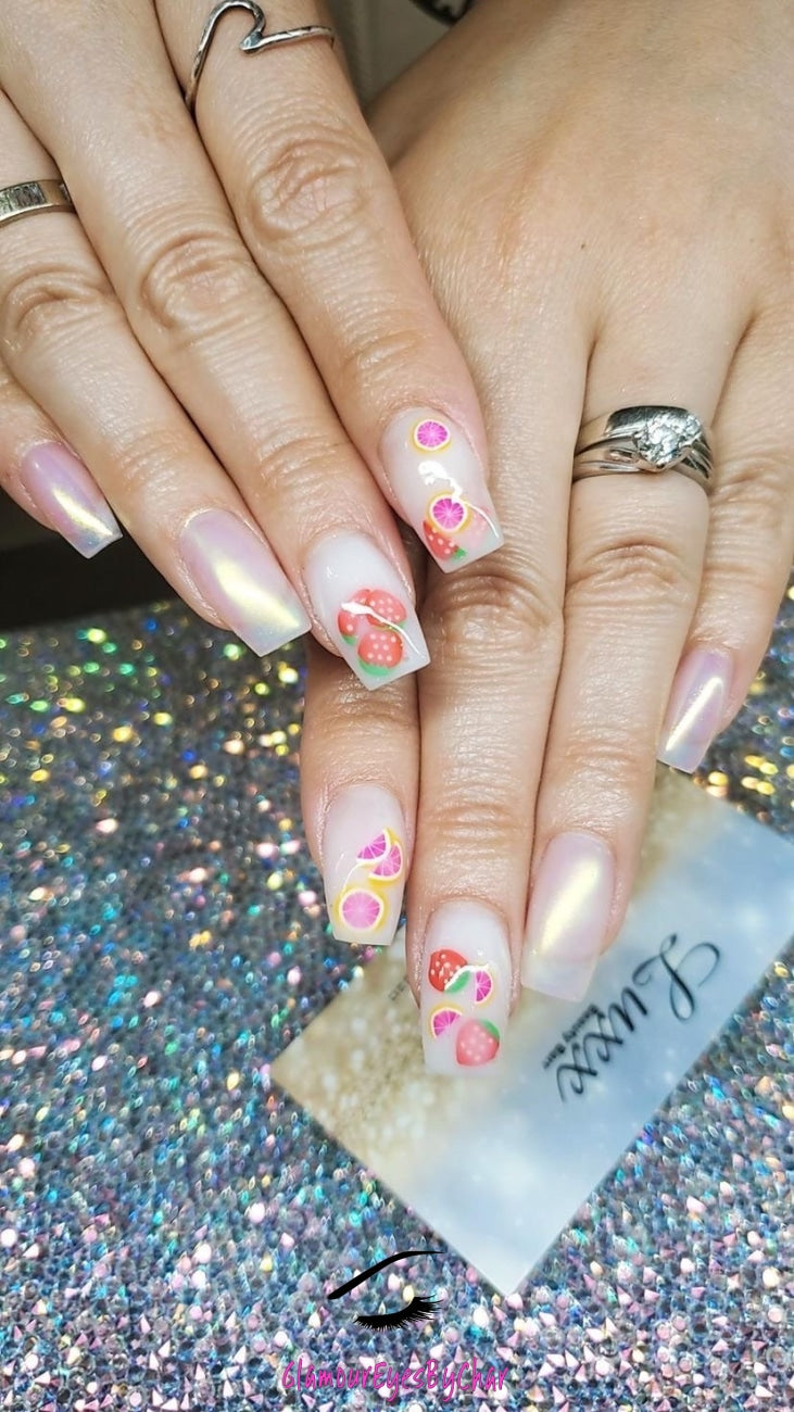 These Grapefruit Fruit Slices are PERFECT for 3D nail or body art. They can also be used for a DIY craft project. The fruit slices are made of polymer clay and are approximately 3mm/0.12 inch in size. Comes in 5g jars only. Note: Grapefruit Fruit Slices are not recommended for use in the immediate eye area. Tip: Apply some of our glitter to your nails to really GLAMOUREYES your look.