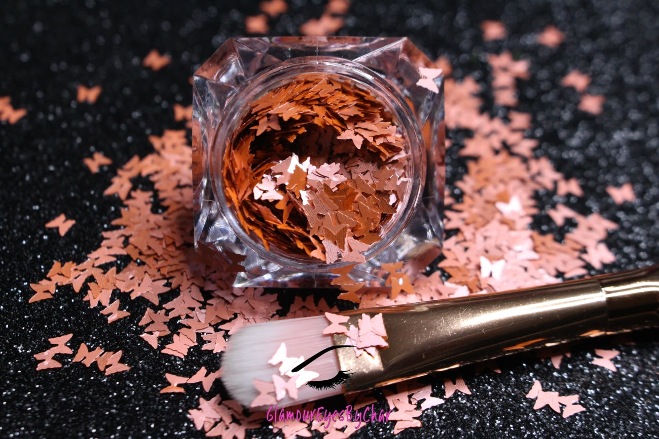 This glitter is called Peach Rose Butterflies and is part of the shaped glitters collection. It consists of pearlescent peach rose 3.0mm butterflies. Peach Rose Butterflies is perfect for nail and body art.