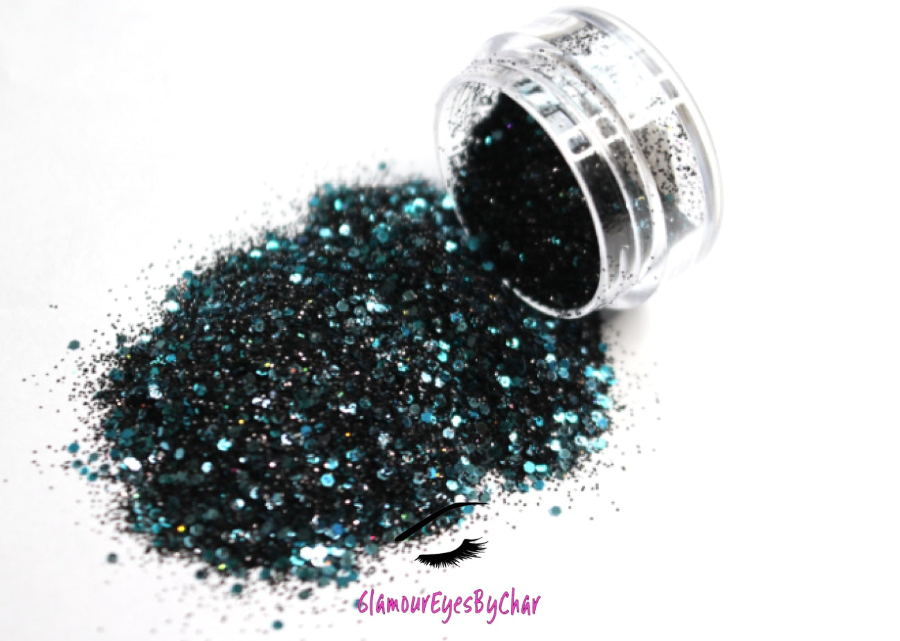 This glitter is called Pure Poison and is part of the chunky glitter collection. It consists of black holographic glitter with a teal and aqua sparkle. Pure Poison can be used for your face, body, hair and nails. Comes in 5g and 10g jars. **Glitter will be discontinued once sold out**