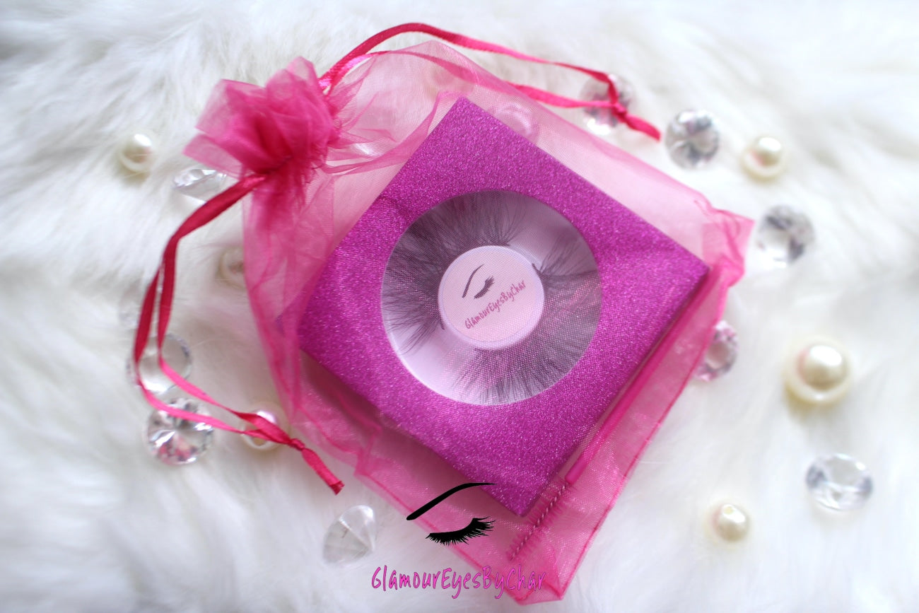 These 5D luxurious mink lashes are called Sassy and are 25mm in length. They are very dramatic, wispy, have a criss cross style, lightweight, and comfortable to wear on the lids. The thin lashband, makes the application process a breeze. Sassy are suitable for dramatic eye looks and can be worn up to 25 times if handled with care. They are not for timid lash wearers. Lashes come with a cute bag, and a mascara wand so that you can take care of these beauties.