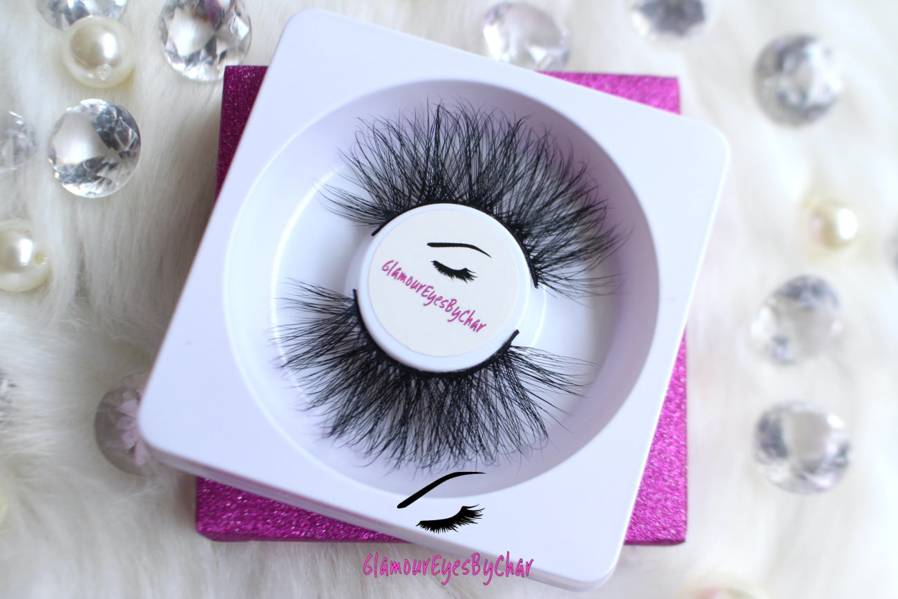 These 5D luxurious mink lashes are called Sassy and are 25mm in length. They are very dramatic, wispy, have a criss cross style, lightweight, and comfortable to wear on the lids. The thin lashband, makes the application process a breeze. Sassy are suitable for dramatic eye looks and can be worn up to 25 times if handled with care. They are not for timid lash wearers. Lashes come with a cute bag, and a mascara wand so that you can take care of these beauties.