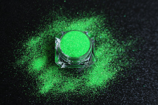 This glitter is called Acid and is part of the simple glitter collection. It consists of vibrant neon green glitter. Acid can be used for your face, body, hair and nails.  Comes in 5g jars only.   