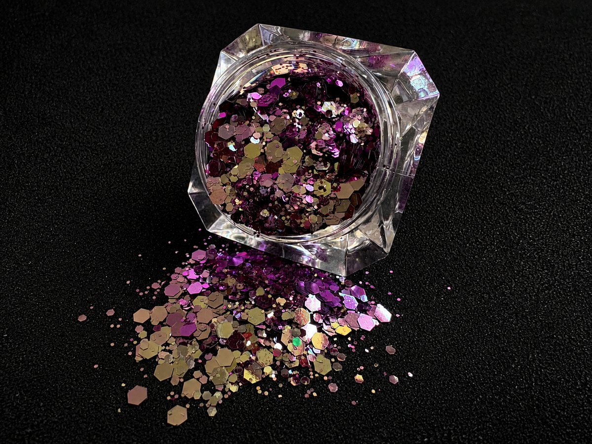 Purple super chunky glitter mix with pale gold colour-shifting sparkle spilled from a clear jar onto a black textured background.