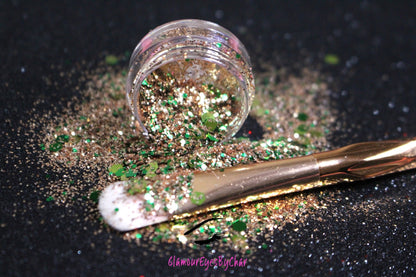 This glitter is called Halo and is part of the holiday collection.  It consists of emerald green and gold glitter. Halo can be used for your face, body, hair and nails.  Comes in 5g jars only.  