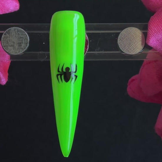 Black spider nail sticker on a bright green stiletto nail tip, tilted back and forth to show the finished nail design.