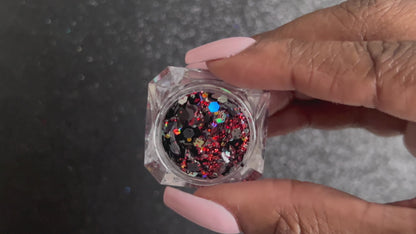 Raptors – Premium Ruby Red &amp; Black Super Chunky Glitter Mix
Show your team spirit with this bold blend of ruby red, black, silver, and gold holographic sparkle from our Super Chunky Glitter Collection. Raptors is perfect for Toronto Raptors fans ready to shine courtside or at any game day event! Ideal for all your creative looks, nail art, hair, and glitter slime.
Available in 5g jars only.