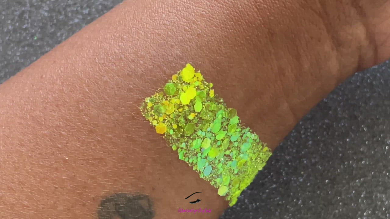 This glitter is called Lemon Lime and is part of the super chunky glitter collection. It consists of fluorescent iridescent green glitter that may look yellow depending on how the light reflects. Lemon Lime can be used for your face, hair, body and nail art, glitter slime, resin art or DIY projects.  Comes in 5g jars only.