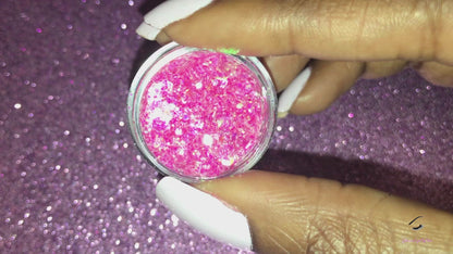 This glitter is called Sweetheart and is part of the super chunky glitter collection. It consists of pink glitter with an iridescent sparkle. Sweetheart can be used for your face, body, hair and nails. Comes in 5g and 10g jars. **Glitter will be discontinued once sold out**  