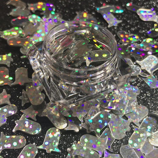 This glitter is called Silver Bells and is part of the holiday collection.  It consists of holographic silver 10mm bells. Silver Bells can be used for body and nail art or DIY projects.  Comes in 5g jars only.  