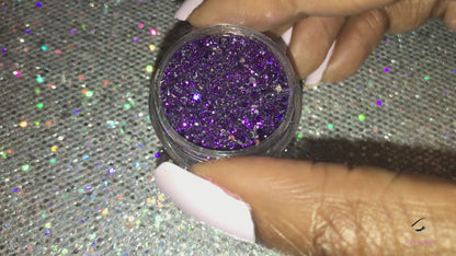 This glitter is called Royalty and is part of the chunky glitter collection. It consists of royal purple metallic glitter and has a holographic sparkle. Royalty can be used for your face, body, hair and nails. Comes in 5g and 10g jars. 