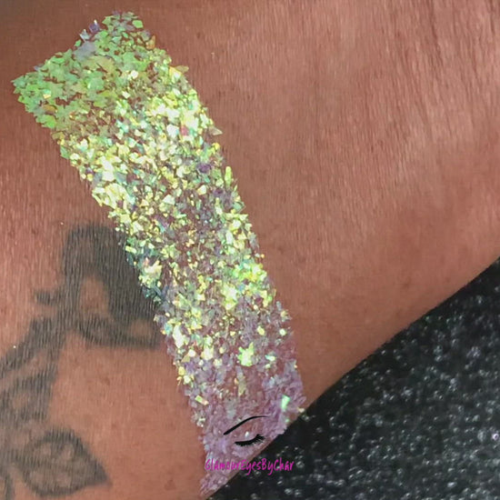This glitter is called Sweet Lilac and is part of the cellophane glitter flakes collection. It consists of lilac purple iridescent glitter shards with green reflects. Sweet Lilac is perfect for body and nail art, glitter slime, resin art or DIY projects. Comes in 5g jars only.  
