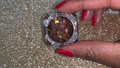 This glitter is called Brown Sugar and is part of the super chunky glitter collection.  It consists of chocolate brown holographic glitter. Brown Sugar can be used for your face, body, hair and nails.  Comes in 5g jars only.