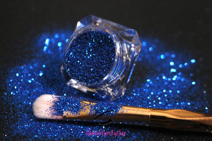 This glitter is called Blue Magic and is part of the simple glitter collection. It consists of blue metallic glitter.  Blue Magic can be used for your face, body, hair and nails. Comes in 5g and 10g jars. 