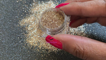 This glitter is called Exquisite and is part of the simple glitter collection. It consists of dark champagne and pale gold glitter with a metallic sparkle. Exquisite can be used for your face, body, hair and nails. Comes in 5g jars only. 