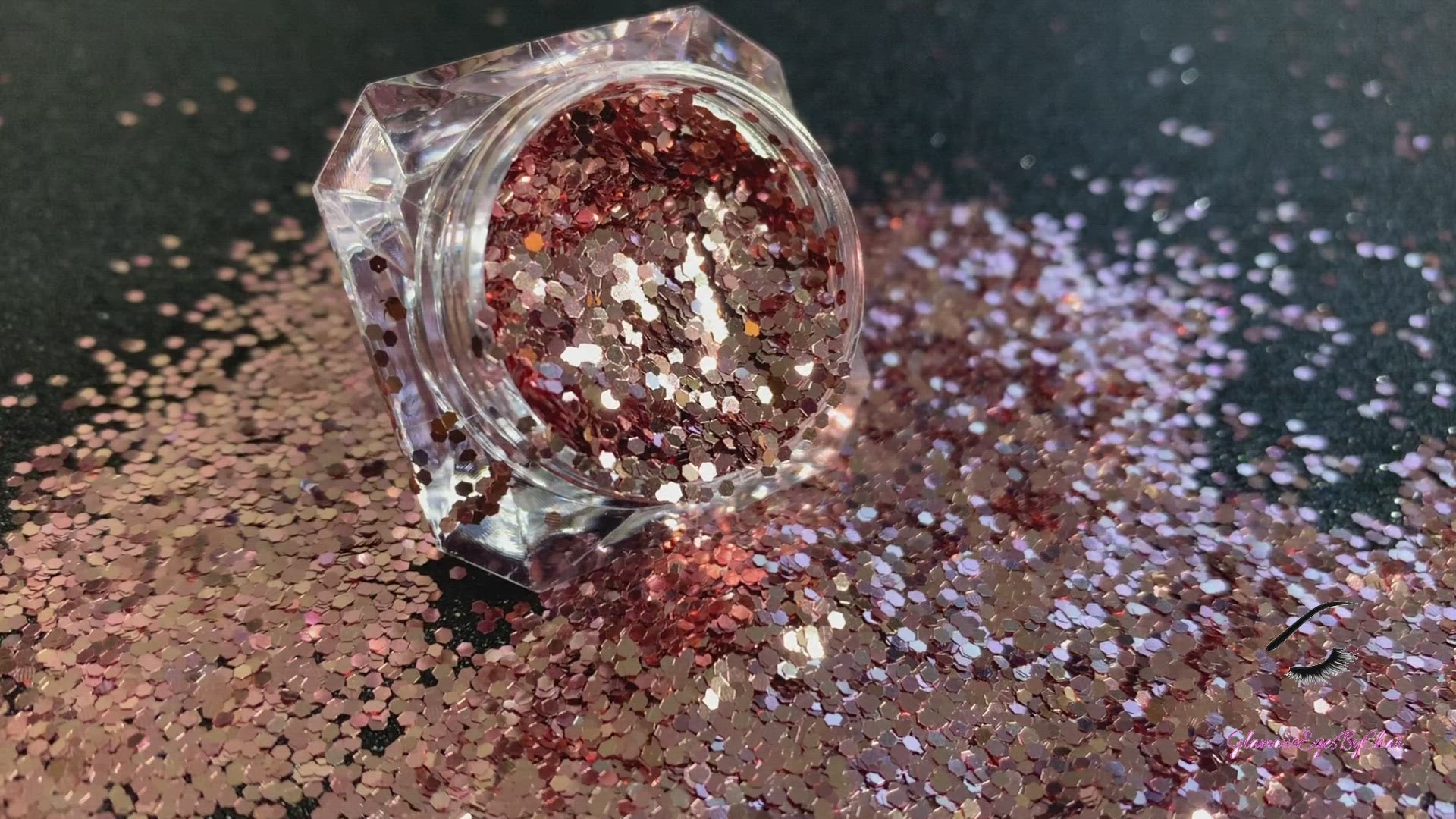 This glitter is called Blush and is part of the simple glitter collection. It consists of rose gold glitter with a beautiful sparkle. Flake size is larger than fine and extra fine glitter.  Blush can be used for your face, body, hair and nails. Comes in 5g jars only.