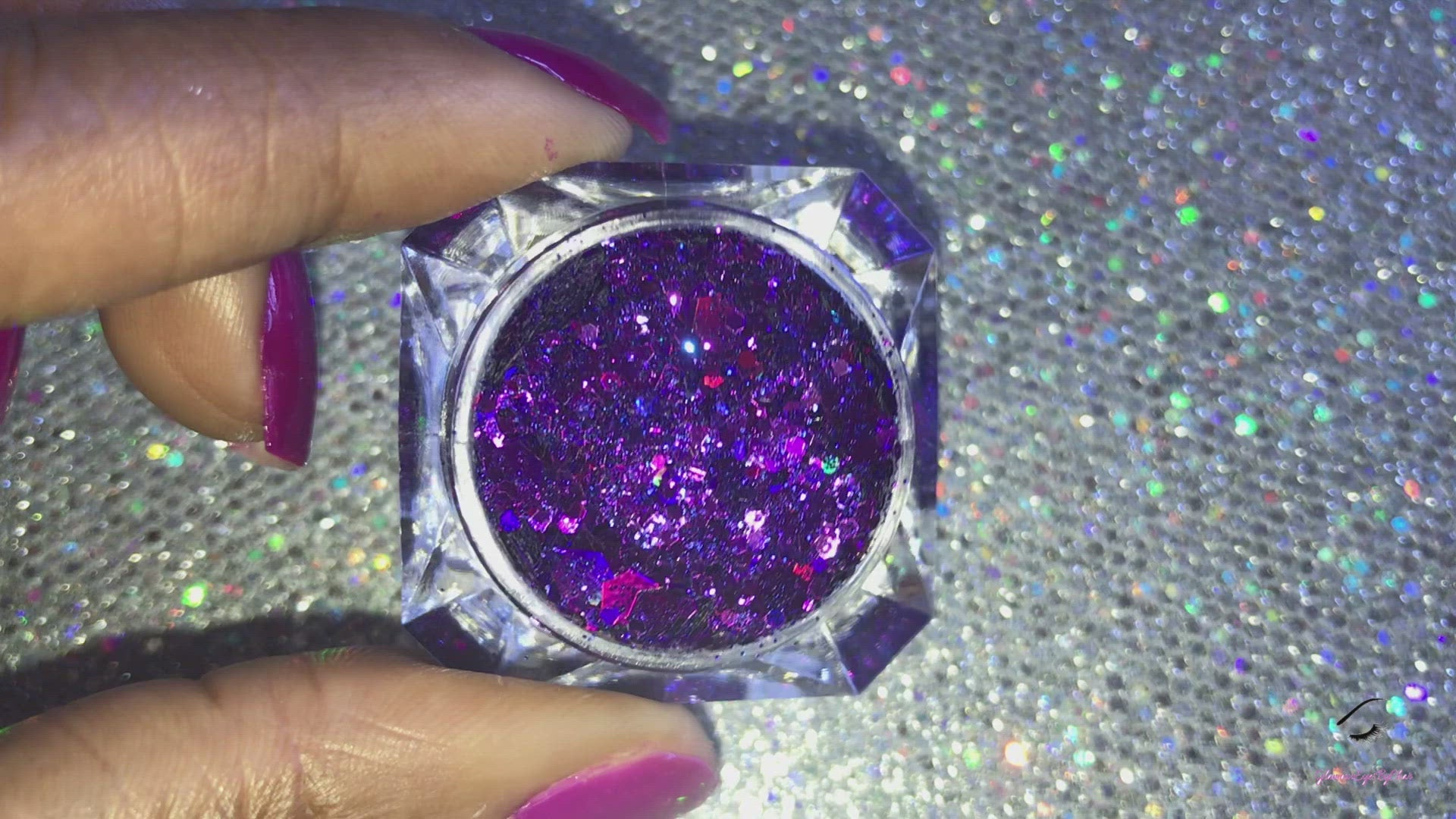 This glitter is called Love Spell and is part of the super chunky glitter collection. It consists of deep purple and violet glitter with a holographic sparkle. Love Spell can be used for your face, body, hair and nails. Comes in 5g jars only.