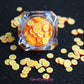 These Orange Fruit Slices are PERFECT for 3D nail or body art. They can also be used for a DIY craft project. The fruit slices are made of polymer clay and are approximately 3mm/0.12 inch in size. Comes in 5g jars only. Note: Orange Fruit Slices are not recommended for use in the immediate eye area. Tip: Apply some of our glitter to your nails to really GLAMOUREYES your look.   