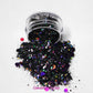 This glitter is called Potion and is part of the super chunky glitter collection.  It consists of black and purple glitter with a holographic sparkle. Potion can be used for your face, body, hair and nails.  Comes in 5g jars only. **Glitter will be discontinued once sold out**   