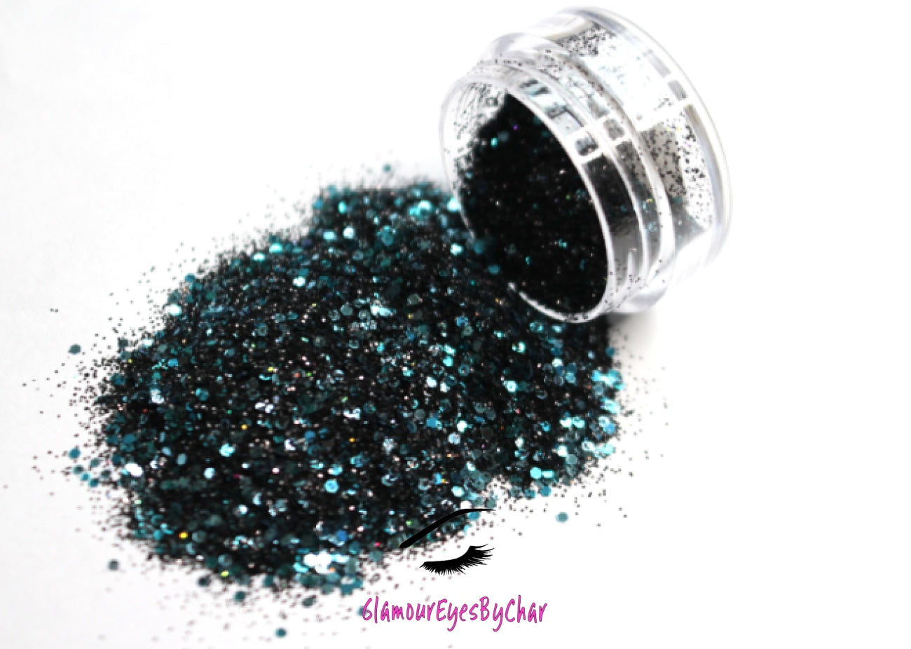 This glitter is called Pure Poison and is part of the chunky glitter collection. It consists of black holographic glitter with a teal and aqua sparkle. Pure Poison can be used for your face, body, hair and nails.  Comes in 5g and 10g jars. **Glitter will be discontinued once sold out**