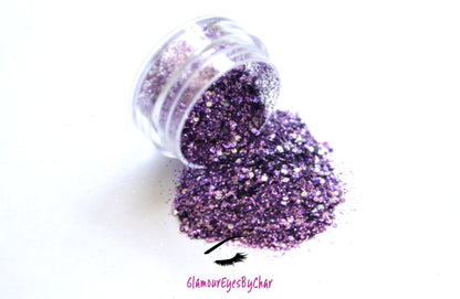 This glitter is called Purple Rain and is part of the chunky glitter collection.  It consists of light purple glitter with a silver holographic sparkle. Purple Rain can be used for your face, body, hair and nails.  Comes in 5g jars only.