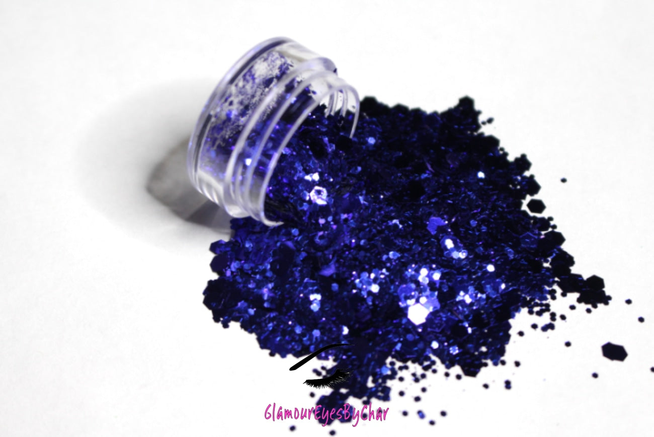 This glitter is called Sapphire and is part of the super chunky glitter collection.  It consists of royal blue glitter with a beautiful sparkle. Sapphire can be used for your face, body, hair and nails.  Comes in 5g jars only.